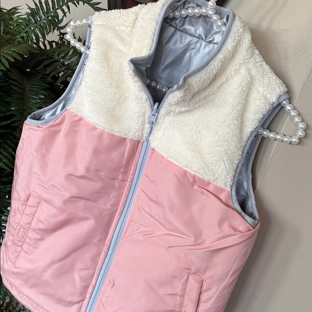 Buffalo David Bitton Reversible Zip Up Vest Silver Metallic & Pink Cream Sherpa